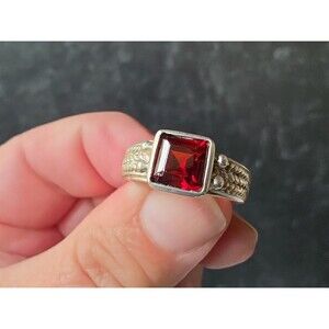 925 Sterling Silver Red Glass Ring Size US 7.25 Vintage READ Description